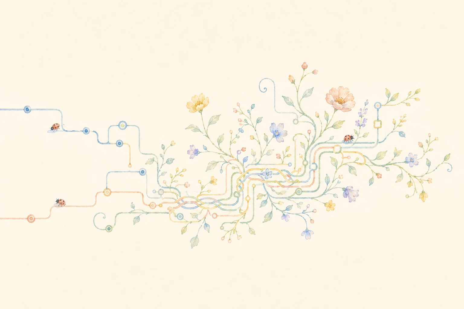 Circuitos eletrônicos se transformam em ramos e flores, em uma ilustração do livro da Ligia.